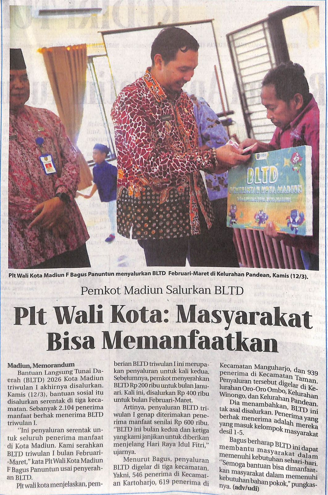 Pemkot Madiun Salurkan BLTD,  PIt Wali Kota: Masyarakat Bisa Memanfaatkan