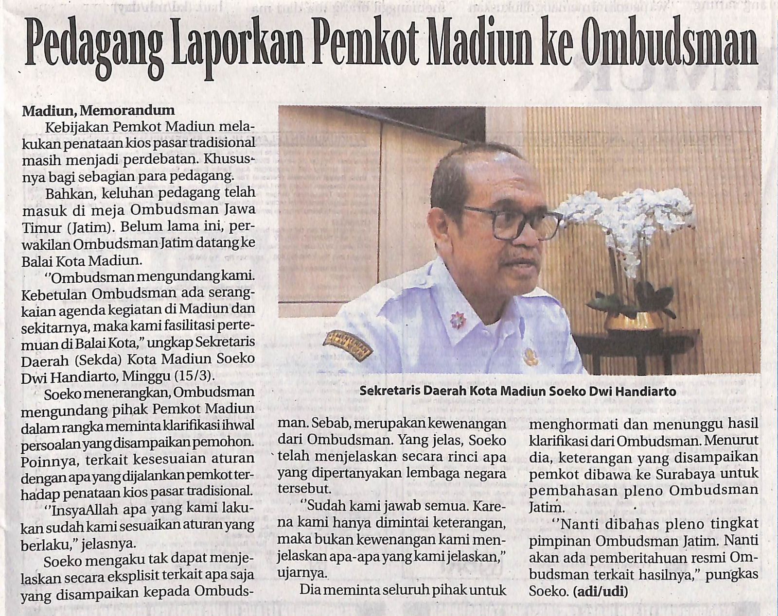 Pedagang Laporkan Pemkot Madiun ke Ombudsman