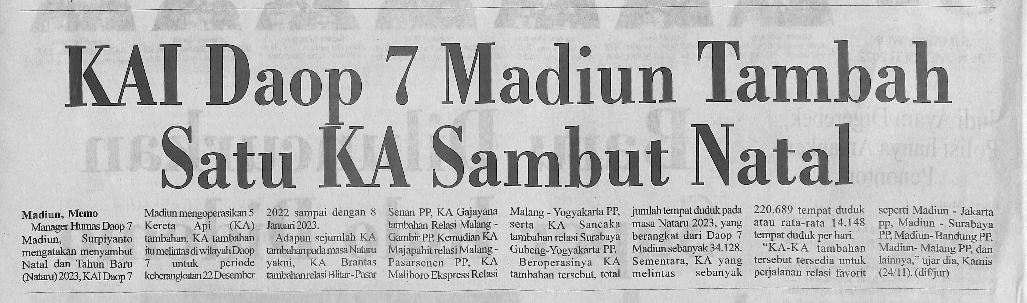 KAI Daop 7 Madiun Tambah Satu KA Sambut Natal