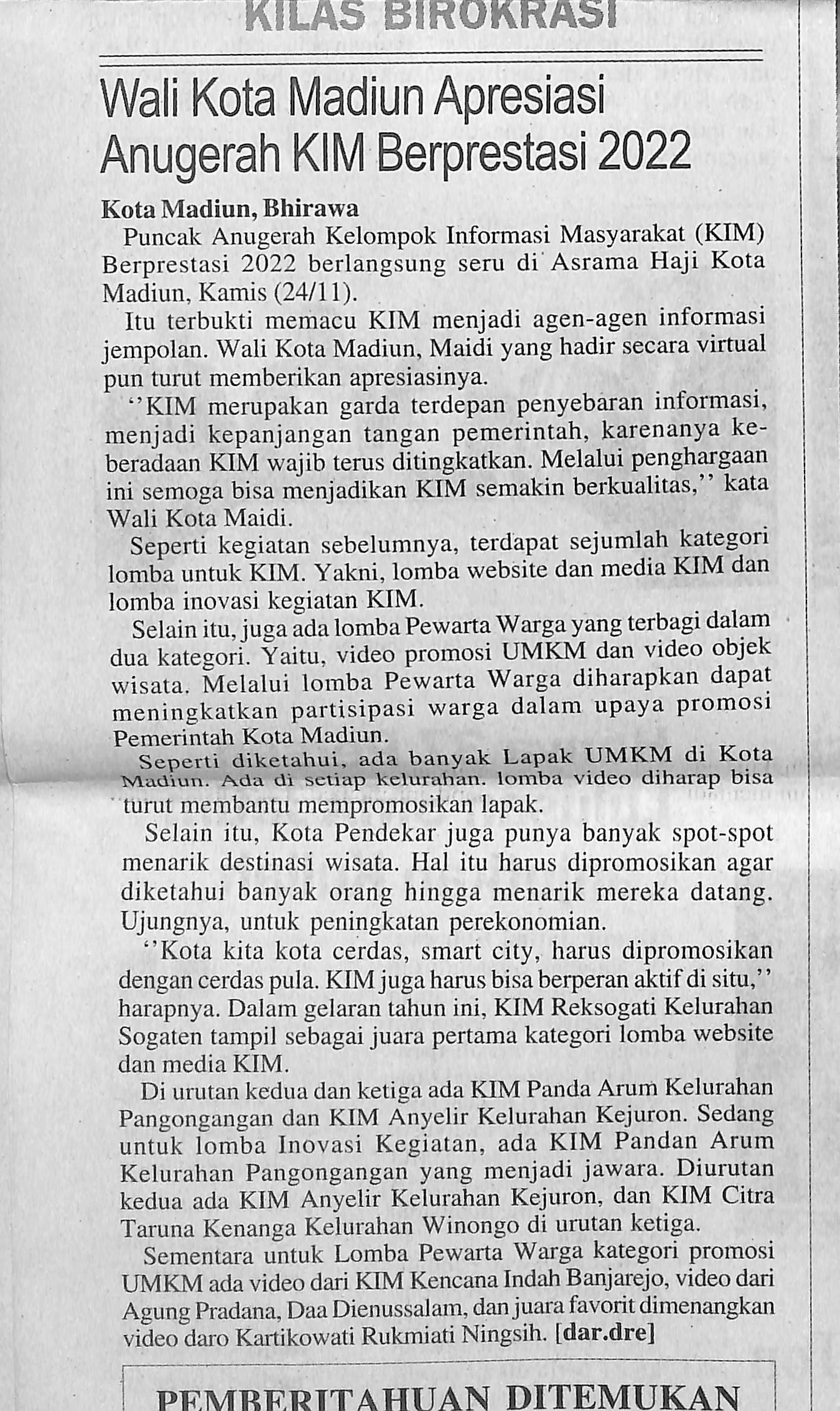 Walikota Madiun Apresiasi Anugrah KIM Berprestasi 2022