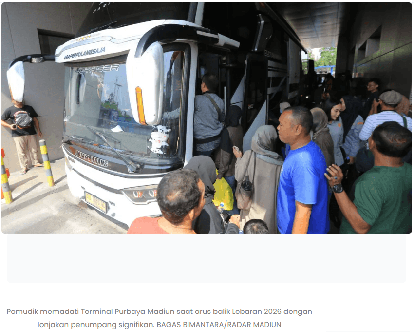 Terminal Purbaya Madiun Membludak, Puncak Arus Balik Diprediksi 29 Maret