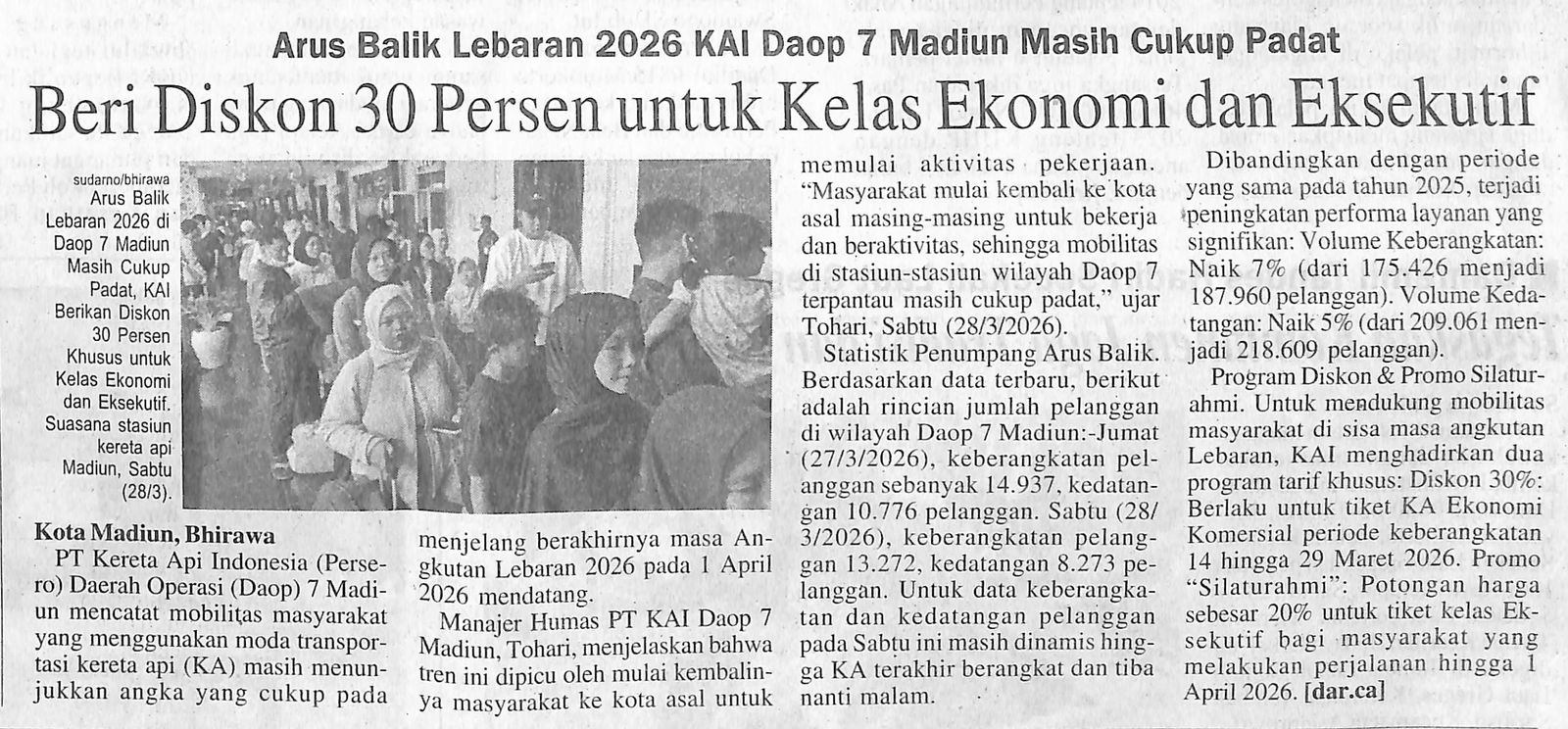 Arus Balik Lebaran 2026 KAI Daop 7 Madiun Masih Cukup Padat, Beri Diskon 30 Persen untuk Kelas Ekonomi dan Eksekutif