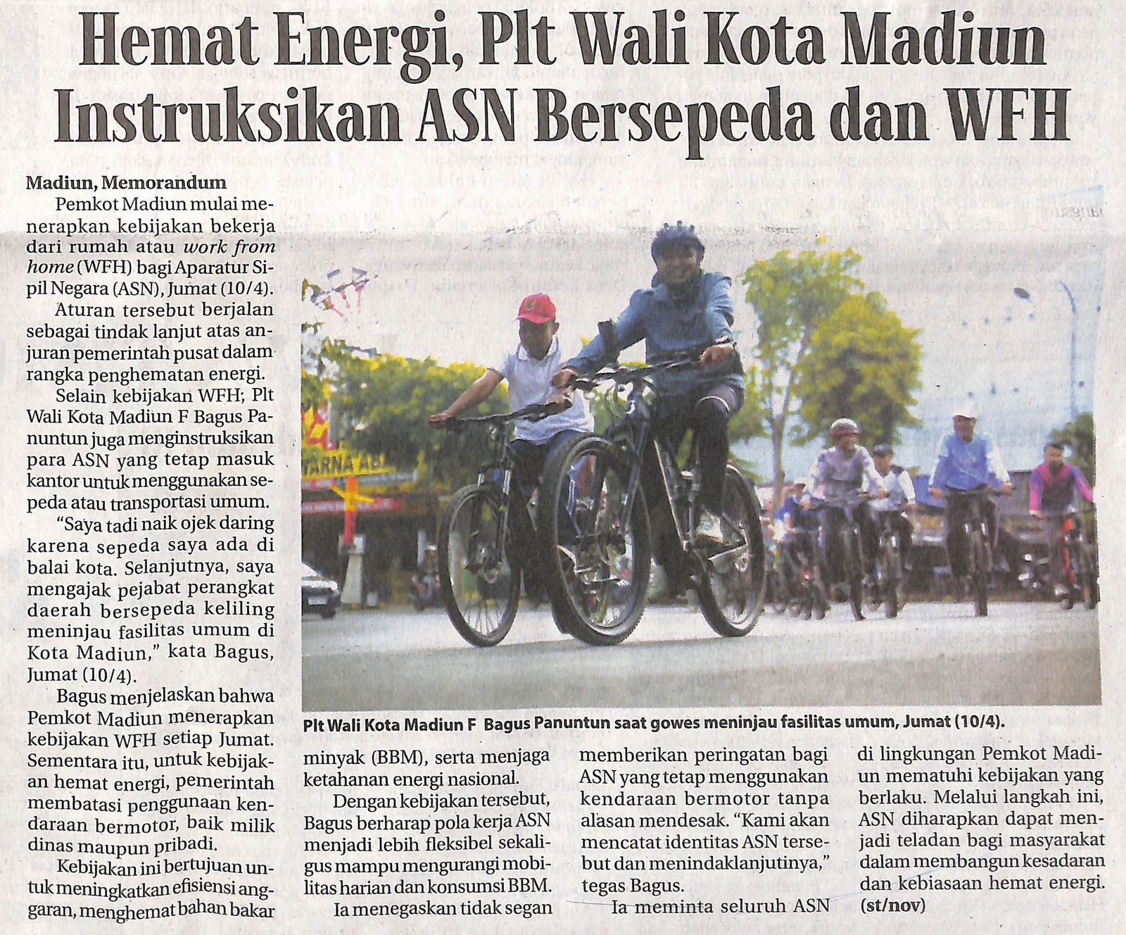 Hemat Energi, Plt Wali Kota Madiun Intruksikan ASN Bersepeda dan WFH