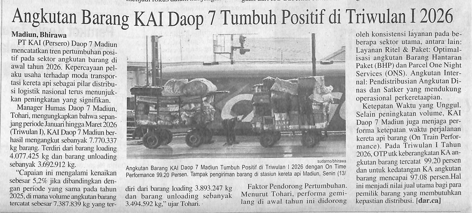 Angkutan Barang KAI Daop 7 Tumbuh Positif di Triwulan I 2026