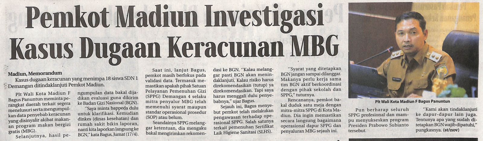 Pemkot Madiun Investigasi Kasus Dugaan Keracunan MBG