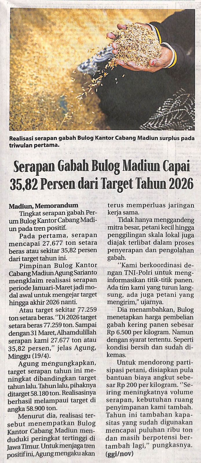 Serapan Gabah Bulog Madiun Capai 35,82 Persen dari Target Tahun 2026