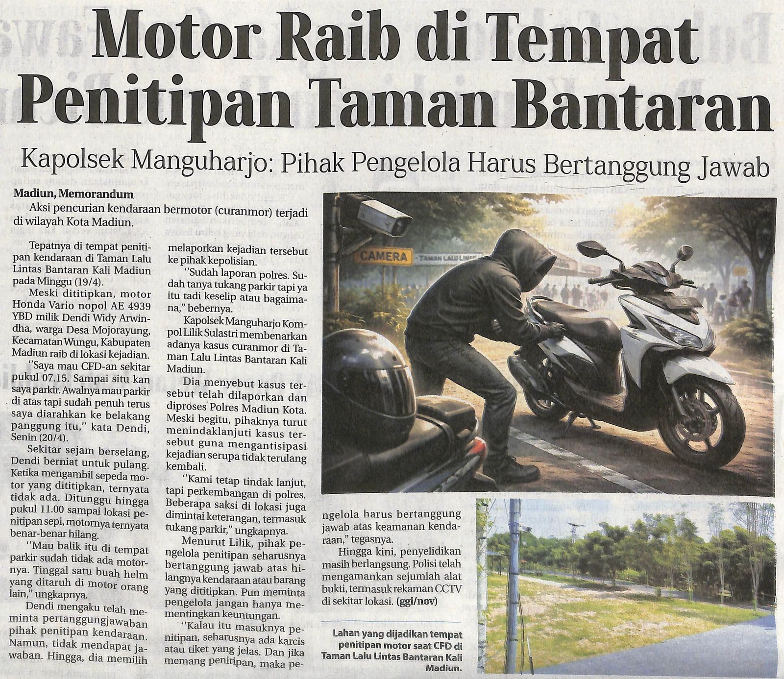Motor Raib di Tempat Penitipan Taman Bantaran