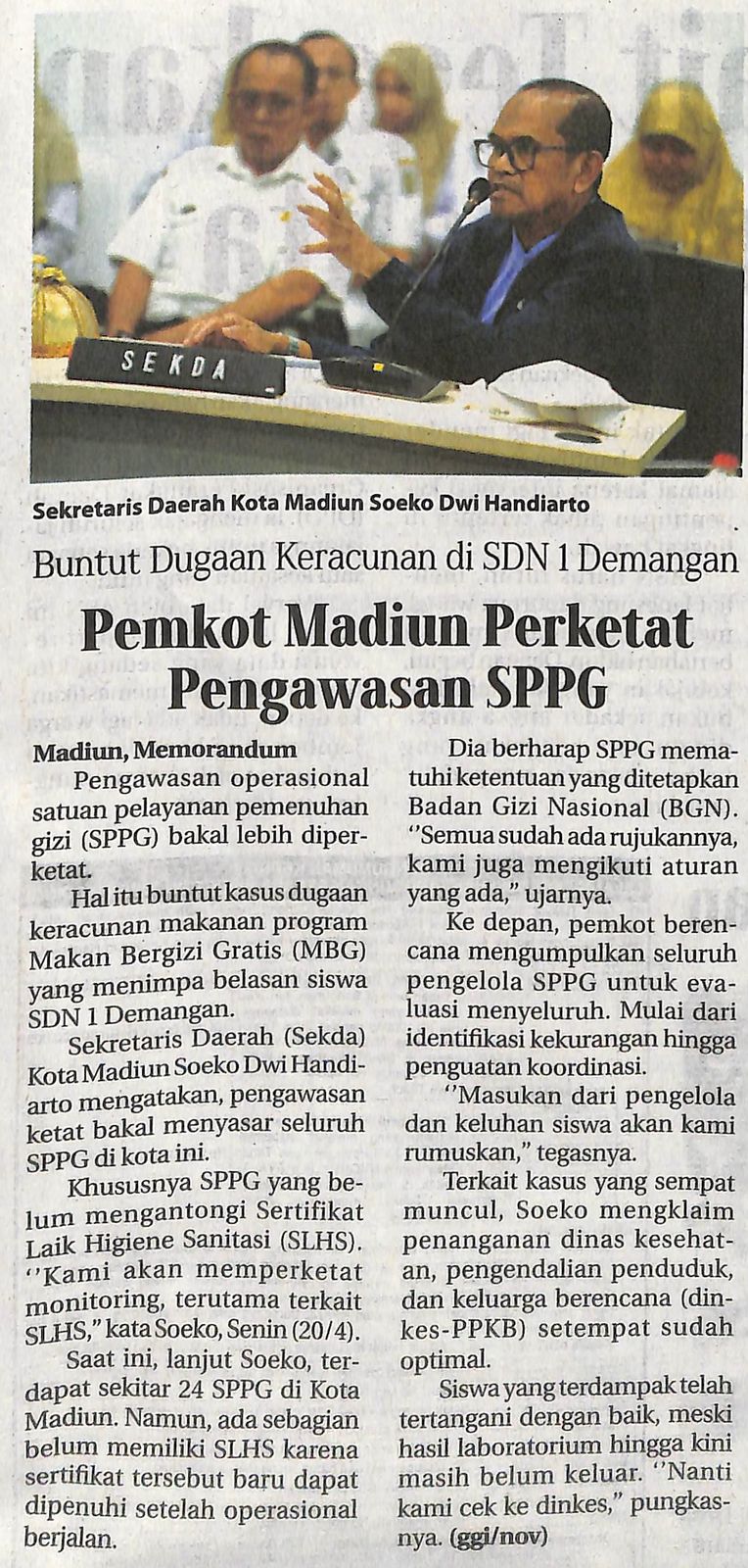 Buntut Dugaan Keracunan di SDN 1 Demangan Pemkot Madiun Pekrtat Pengawasan SPPG
