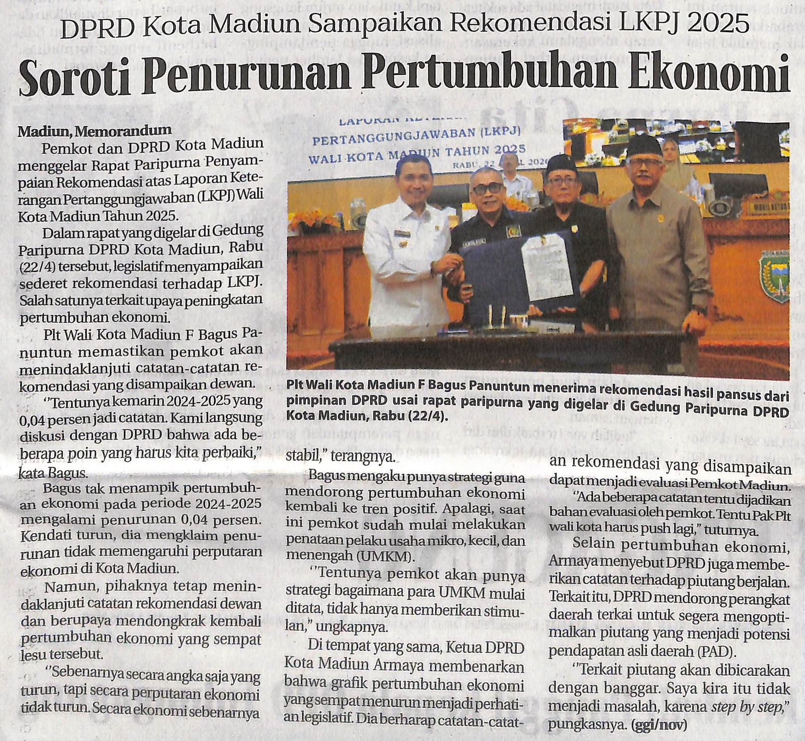 DPRD Kota Madiun Sampaikan Rekomendasi LKPJ 2025 Soroti Penurunan Pertumbuhan Ekonomi
