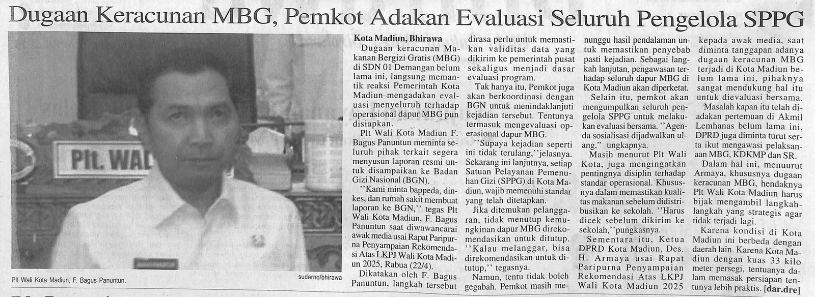 Dugaan Keracunan MBG, Pemkot Adakan Evaluasi Seluruh Pengelola SPPG