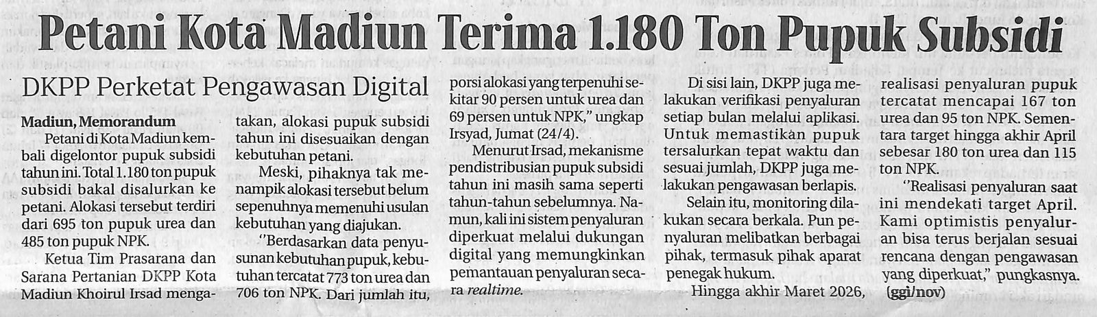 Petani Kota Madiun Terima 1.180 Ton Pupuk Subsidi