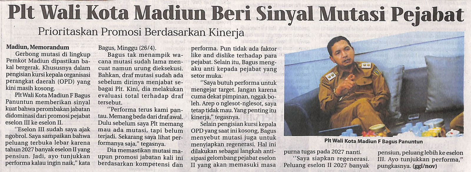 Plt Wali Kota Madiun Beri Sinyal Mutasi Pejabat