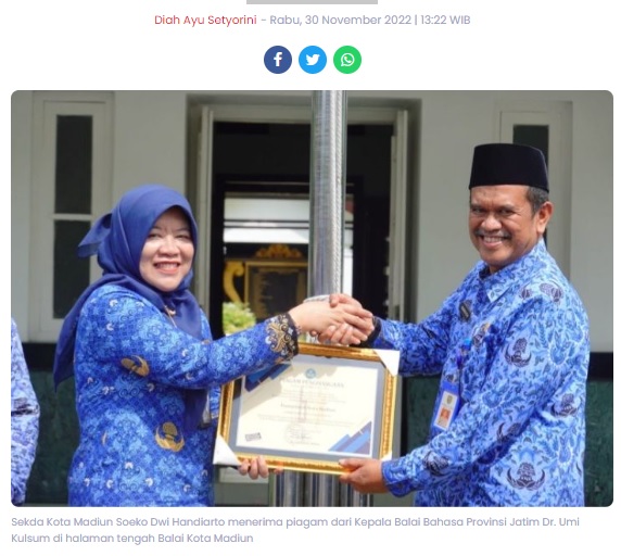 Balai Bahasa Provinsi Jatim Ganjar Pemkot Madiun Penghargaan Aktif Gunakan Bahasa Indonesia