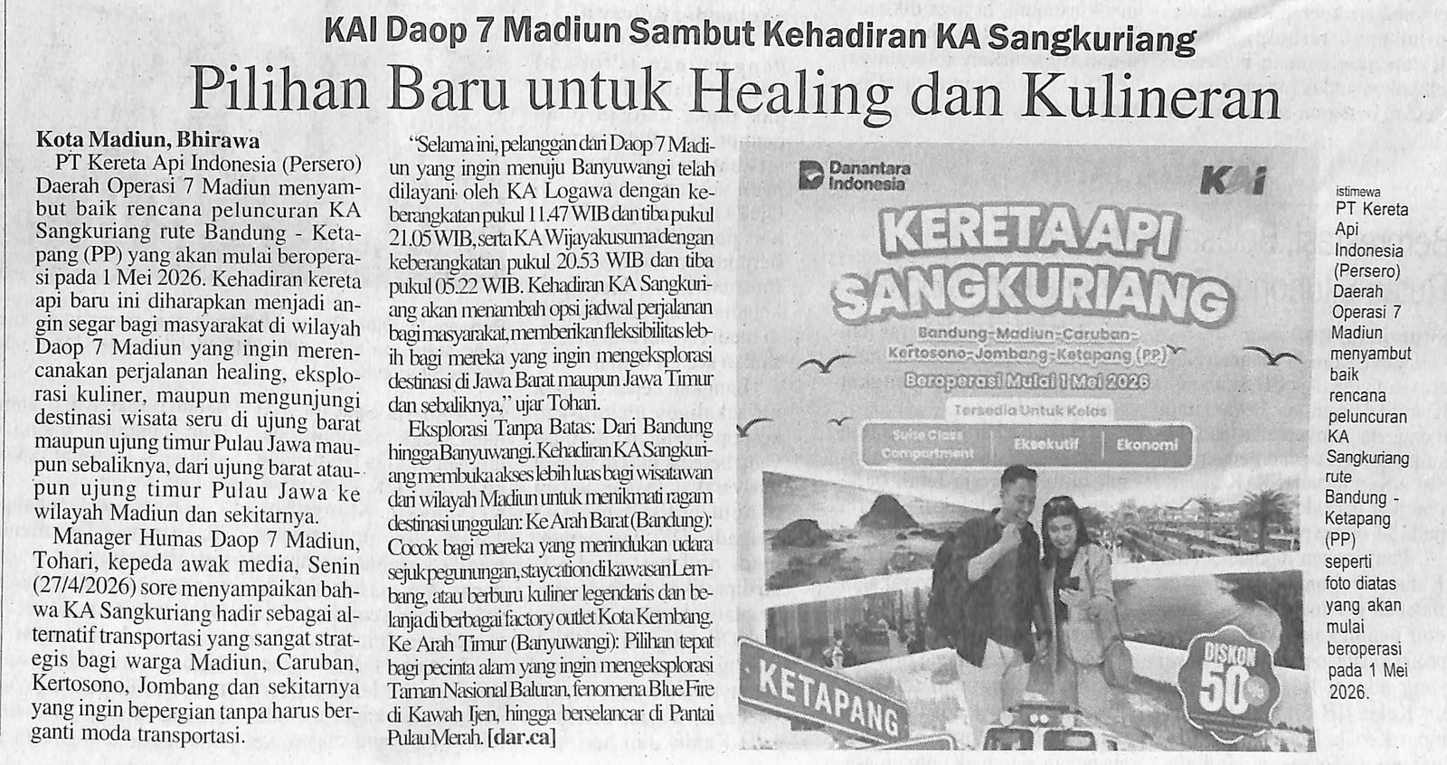 KAI Daop 7 Madiun Sambut Kehadiran KA Sangkuriang Pilihan Baru untuk Healing dan Kulineran