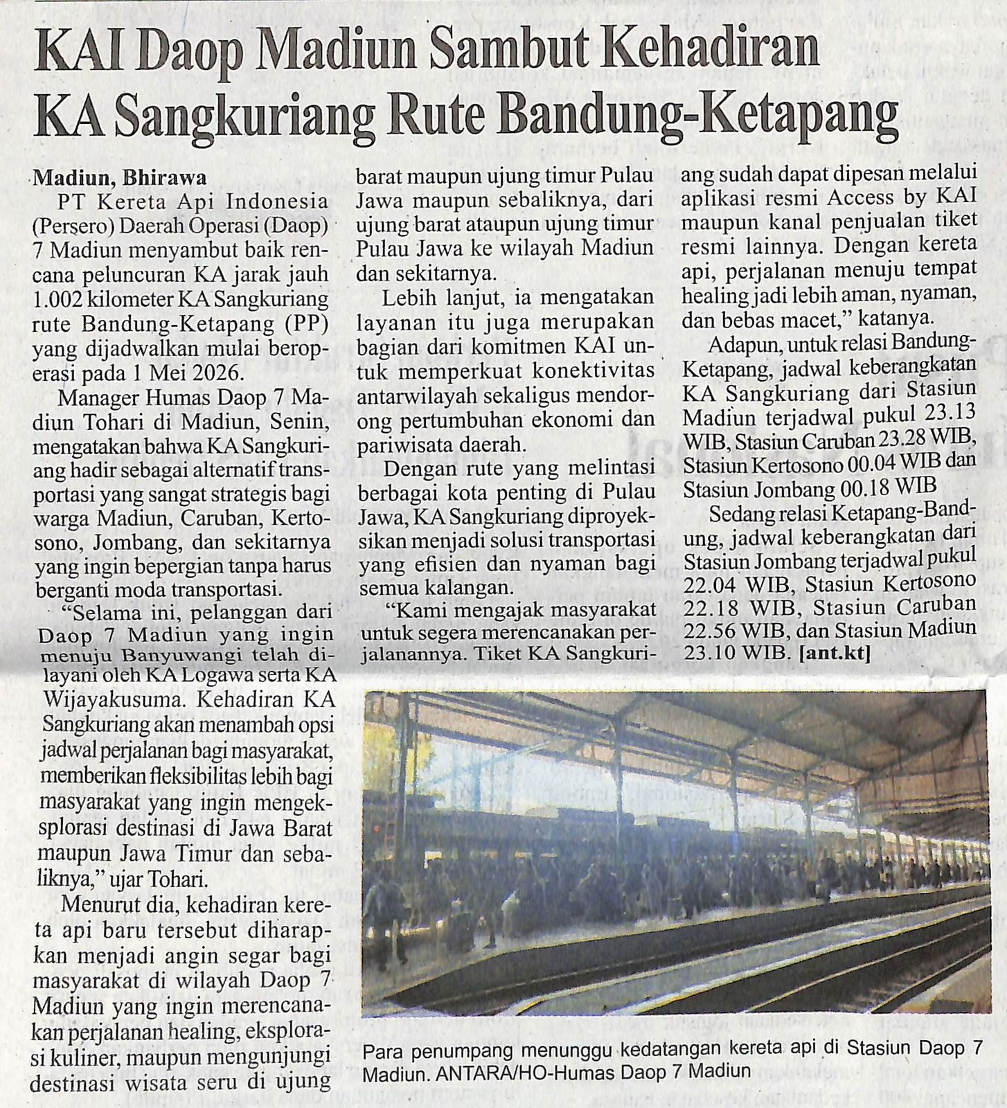 KAI Daop Madiun Sambut Kehadiran KA Sangkuriang Rute Bandung-Ketapang