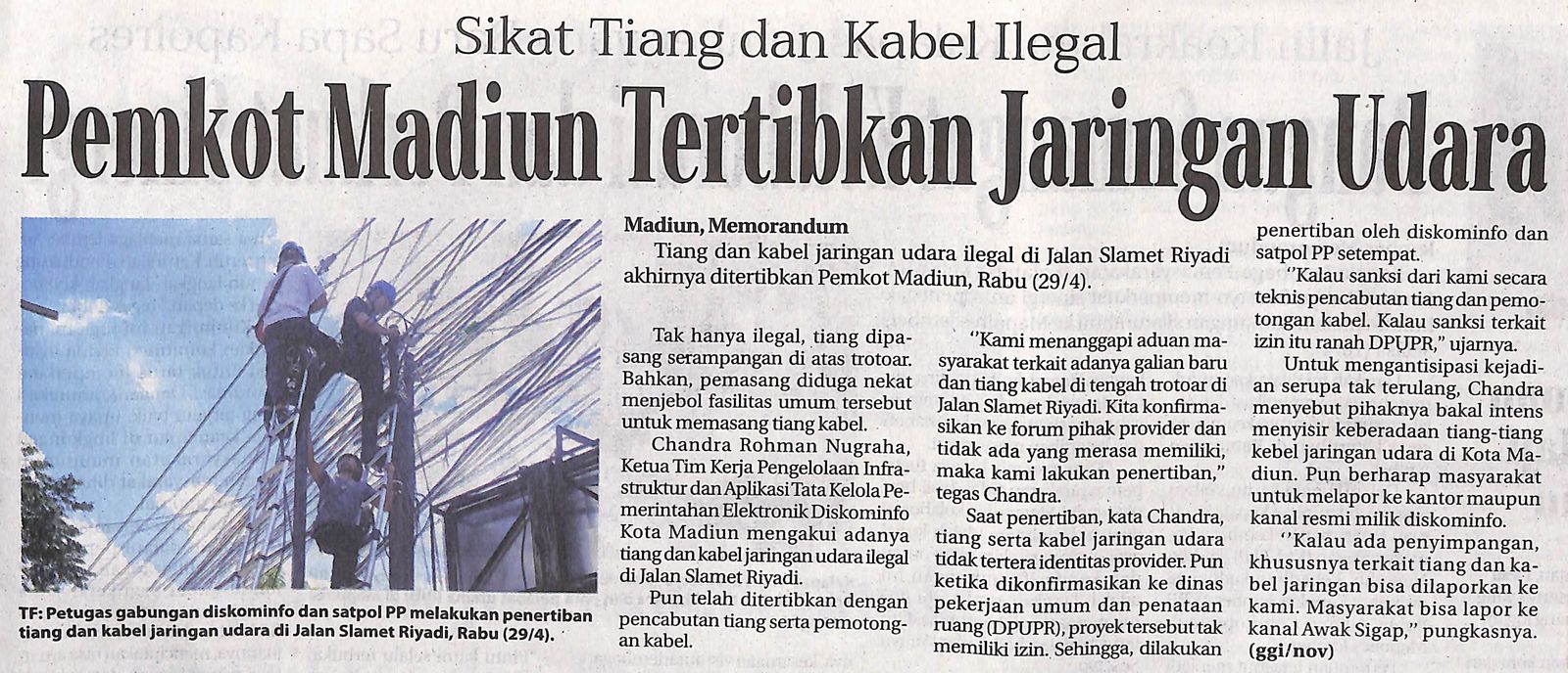 Sikat Tiang dan Kabel Ilegal Pemkot Madiun Terbitkan Jaringan Udara