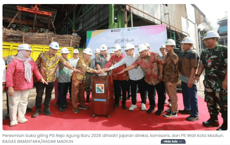 PG Rejo Agung Baru Madiun Mulai Giling 2026, Target 75 Ribu Ton Gula