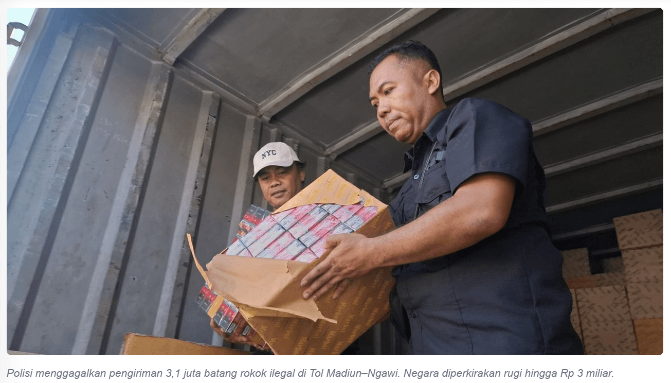 Polres Madiun Kota Gagalkan Pengiriman 3,1 Juta Batang Rokok Ilegal dari Madura ke Bekasi