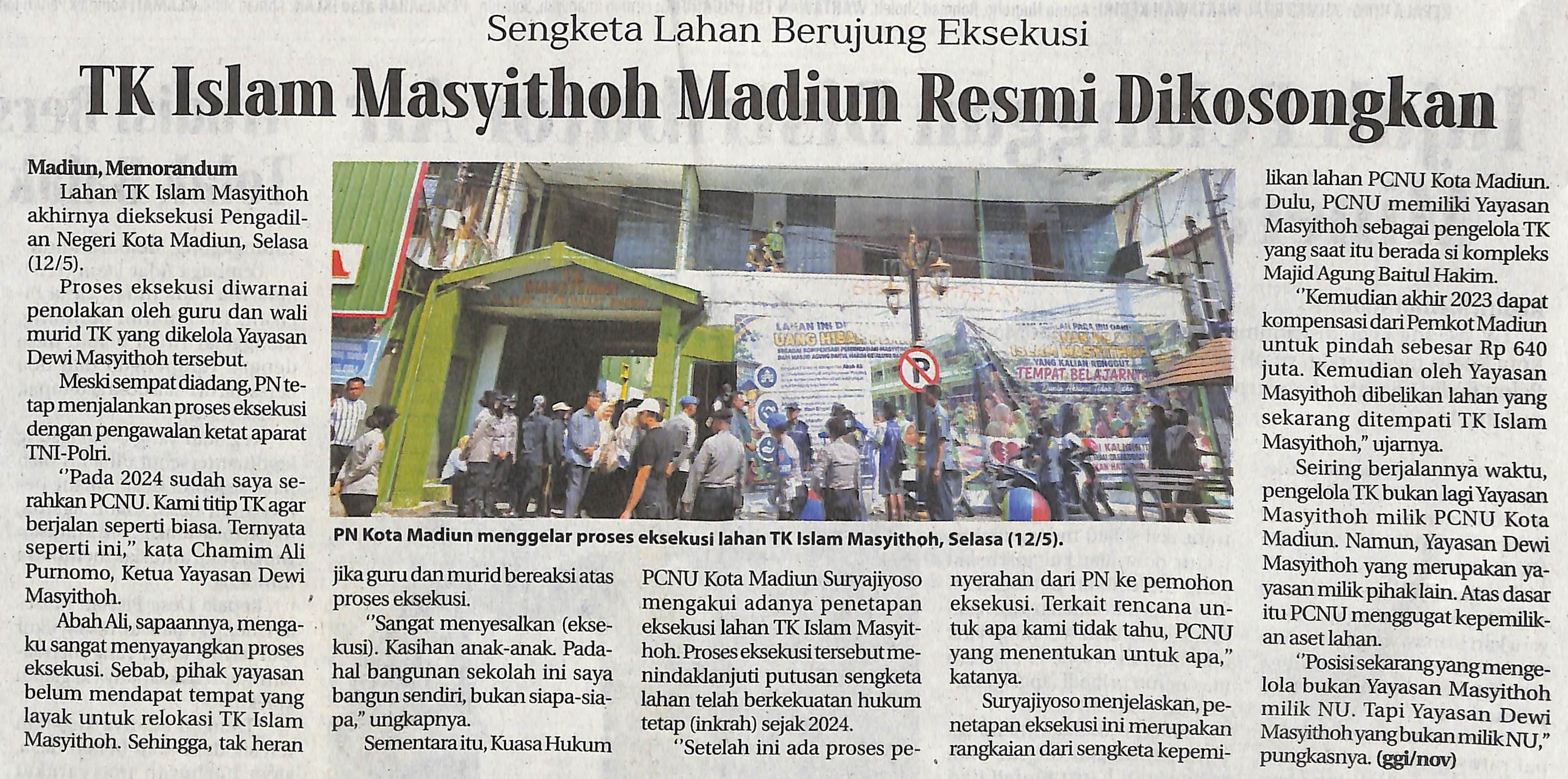Sengketa Lahan Berujung Eksekusi TK Islam Masyithoh Madiun Resmi Dikosongkan