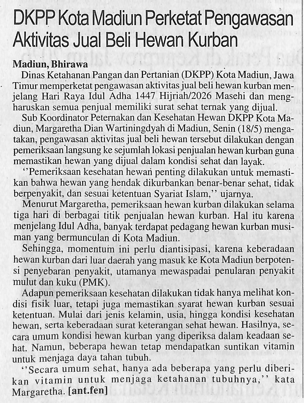 DKPP Kota Madiun Perketat Pengawasan Aktivitas Jual Beli Hewan Kurban