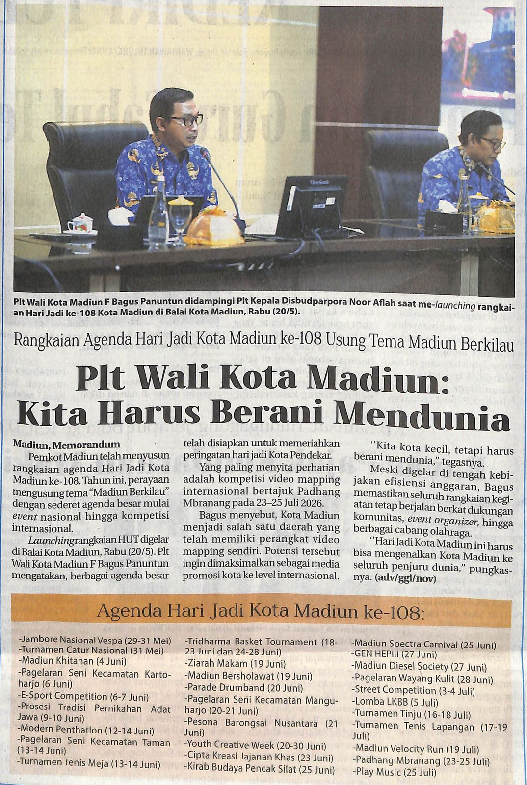 Rangkaian Agenda Hari Jadi Kota Madiun ke-108 Usung Tema Madiun Berkilau Plt Wali Kota Madiun: Kita Harus Berani Mendunia