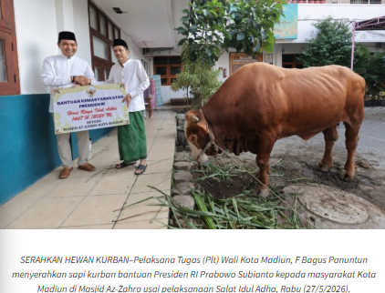 Serahkan Sapi Kurban Bantuan Presiden Prabowo, Plt Wali Kota Madiun Ajak Warga Gotong Royong Bangun Daerah