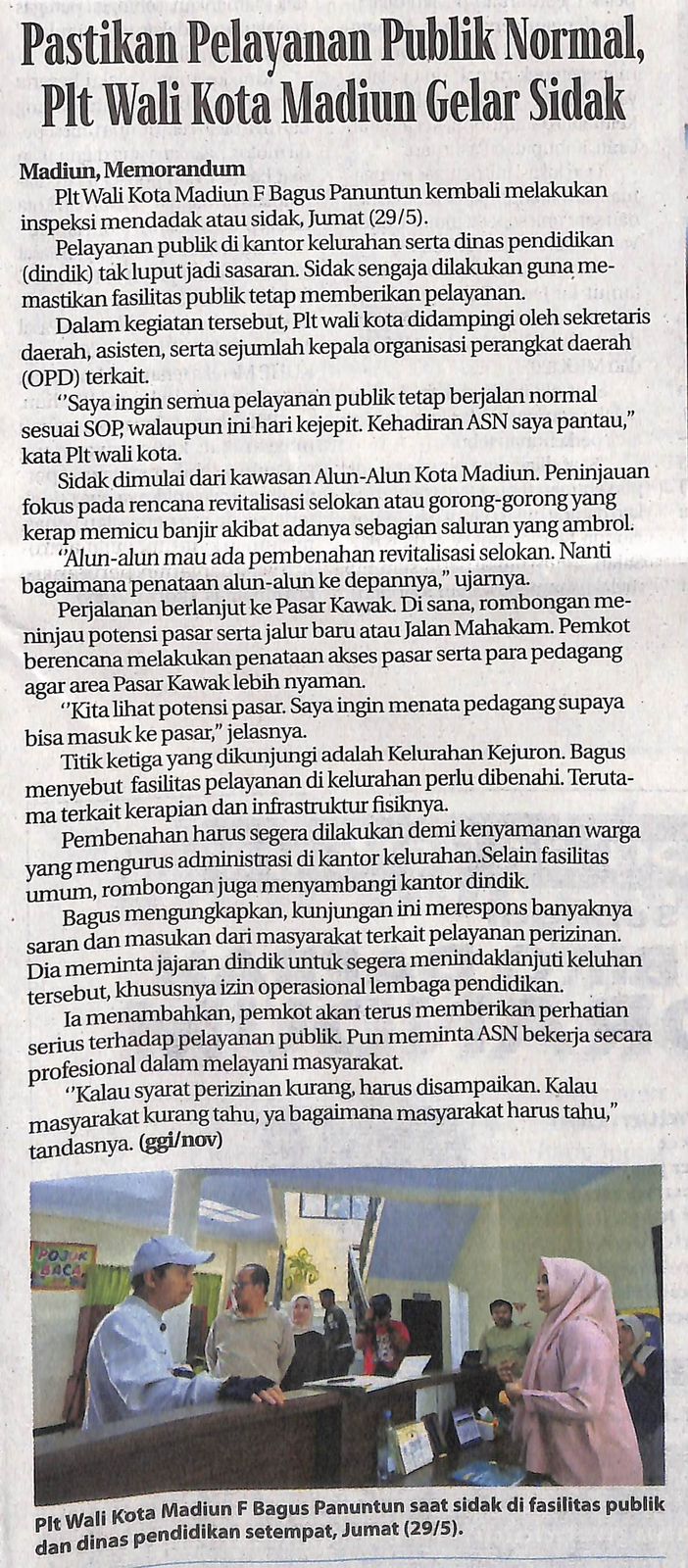 Pastikan Pelayanan Publik Normal, Plt Wali Kota Madiun Gelar Sidak