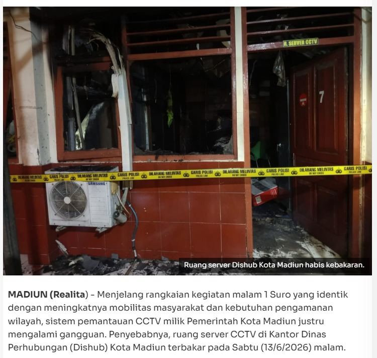Ruang Server Dishub Kota Madiun Terbakar, Jaringan CCTV Lumpuh Jelang Malam 1 Suro