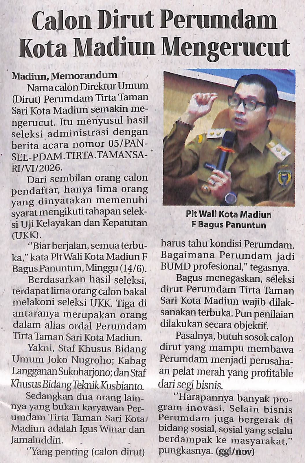 Calon Dirut Perumdam Kota Madiun Mengerucut