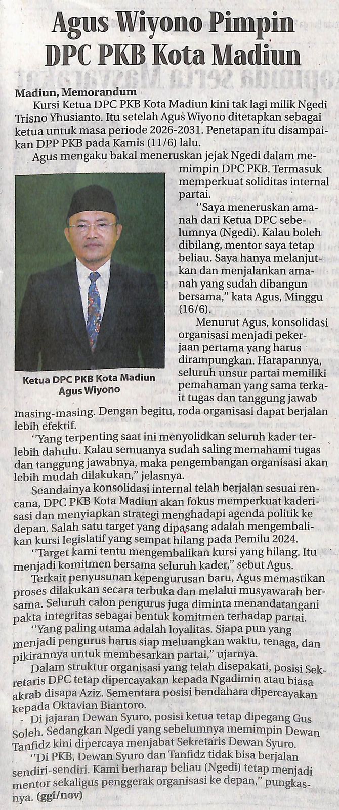 Agus Wiyono Pimpin DPC PKB Kota Madiun