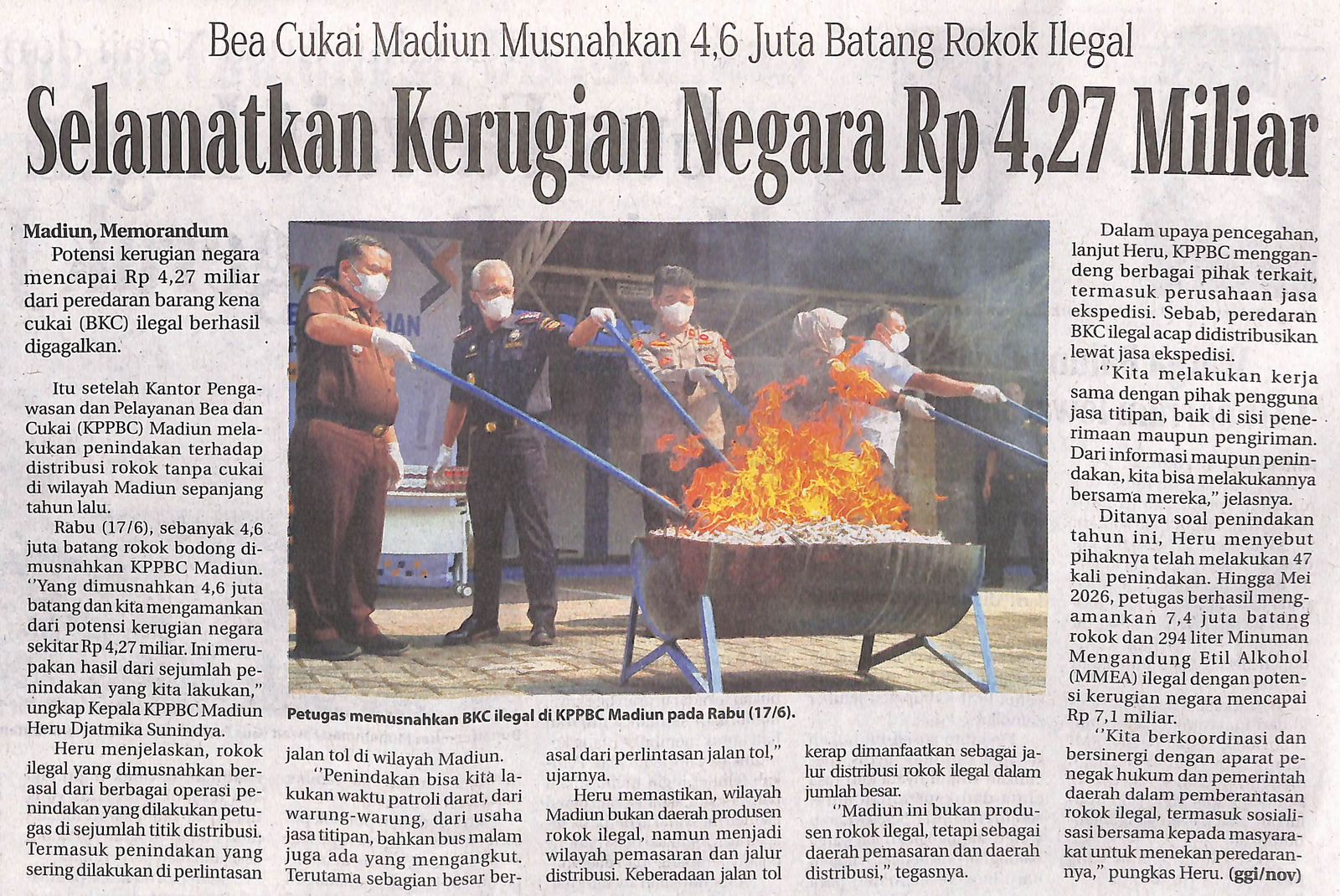 Bea Cukai Madiun Musnahkan 4,6 Juta Batang Rokok Ilegal Selamatkan Kerugian Negara Rp 4,27 Miliar