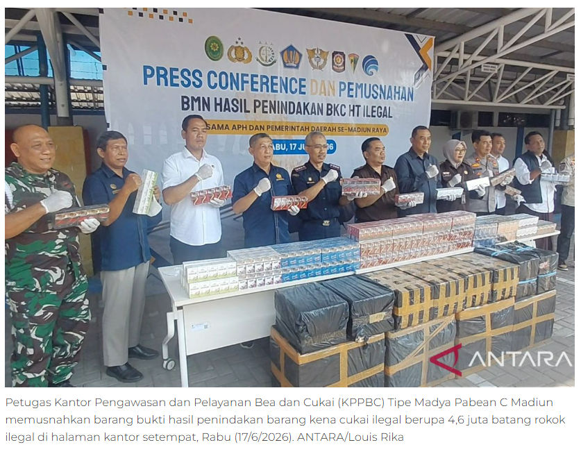 Bea Cukai Madiun musnahkan 4,6 juta batang rokok ilegal