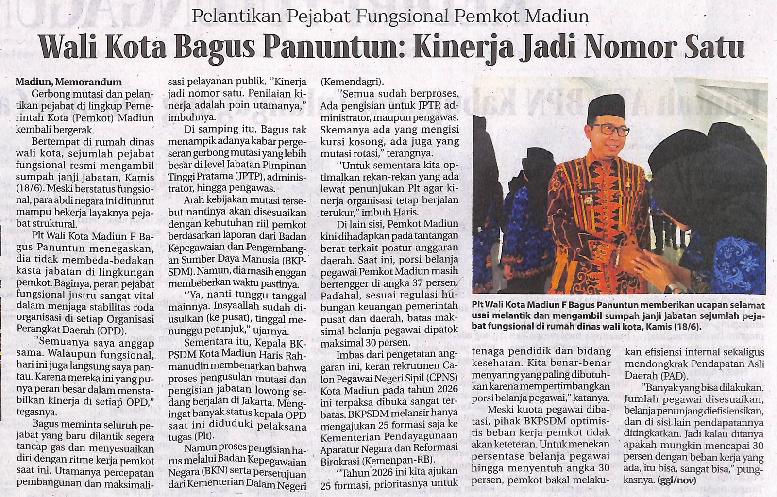 Pelantikan Pejabat Fungsional Pemkot Madiun Wali Kota Bagus Panuntun: Kinerja Jadi Nomor Satu