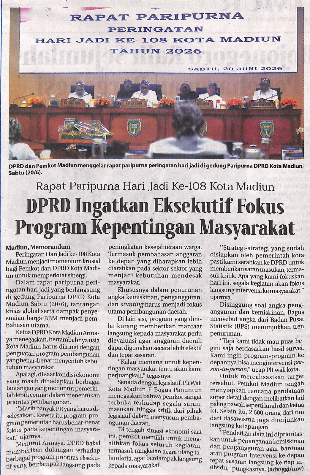 Rapat Paripurna Hari Jadi Ke-108 Kota Madiun DPRD Ingatkan Eksekutif Fokus Program Kepetingan Masyarakat