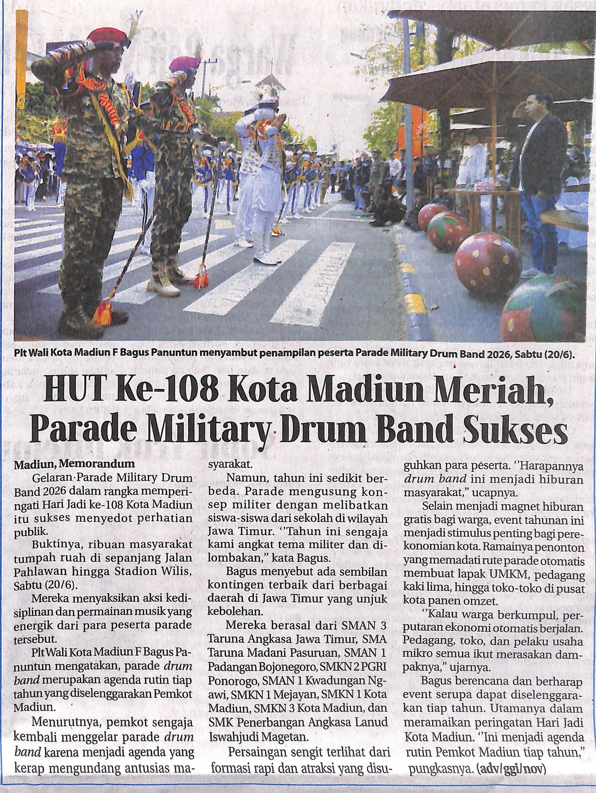 HUT Ke-108 Kota Madiun Meriah, Parade Military Drum Band Sukses