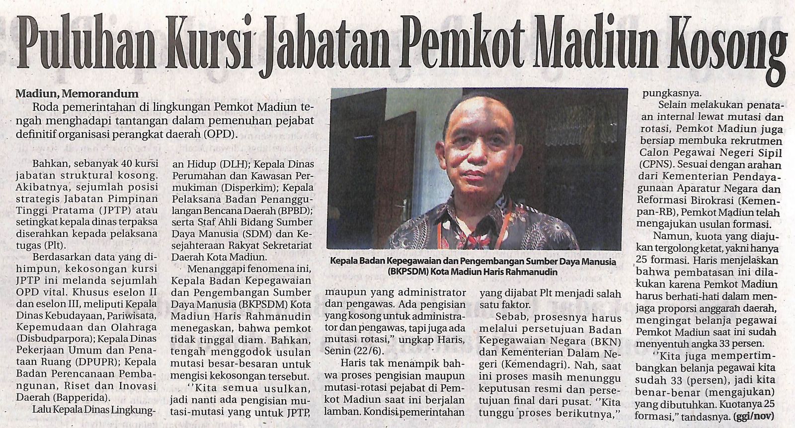 Puluhan Kursi Jabatan Pemkot Madiun Kosong