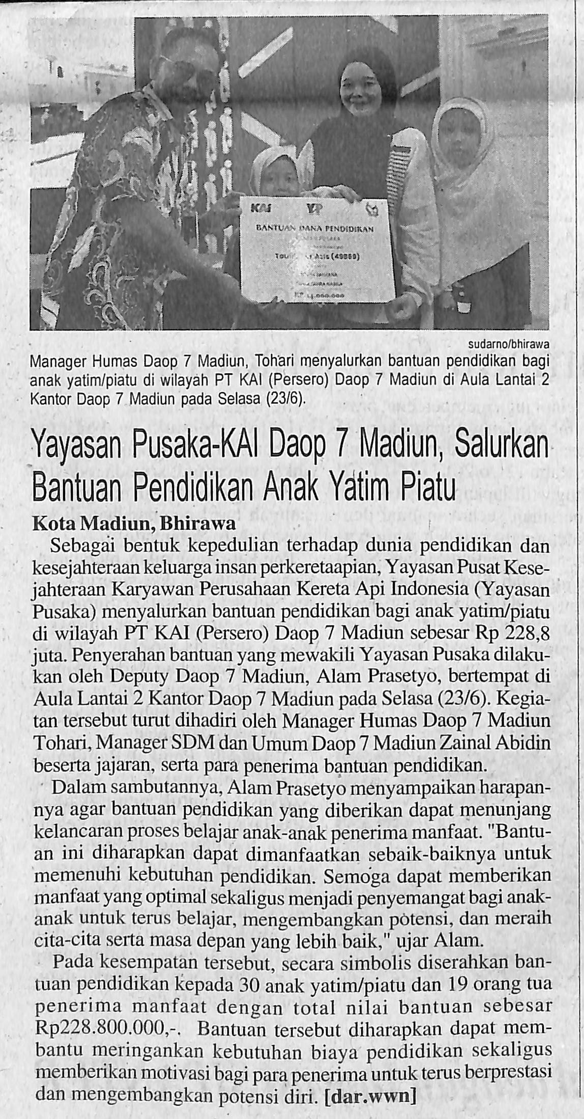 Yayasan Pusaka-KAI Daop 7 Madiun, Salurkan Bantuan Pendidikan Anak Yatim Piatu