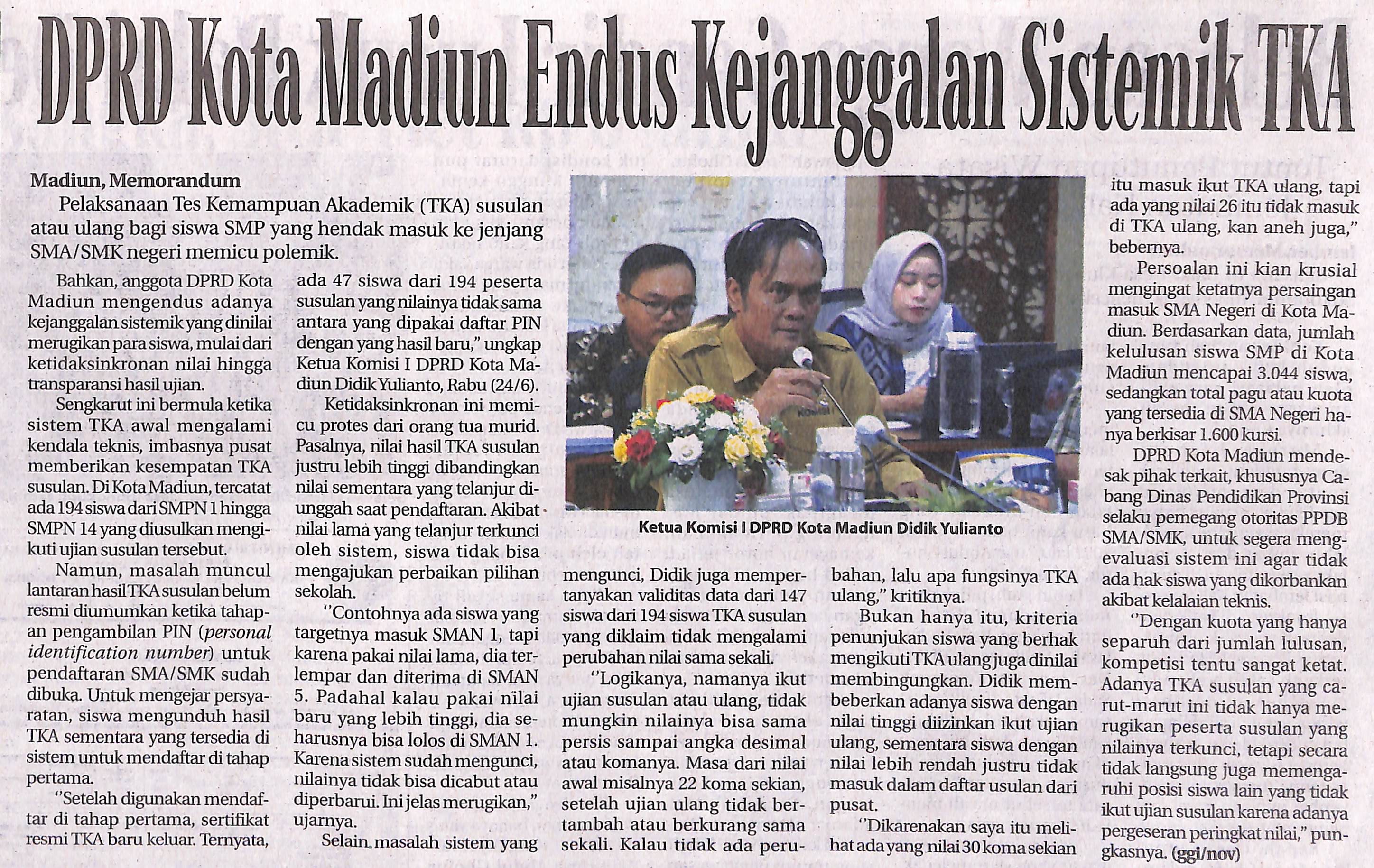 DPRD Kota Madiun Endus Kejanggalan Sistemik TKA