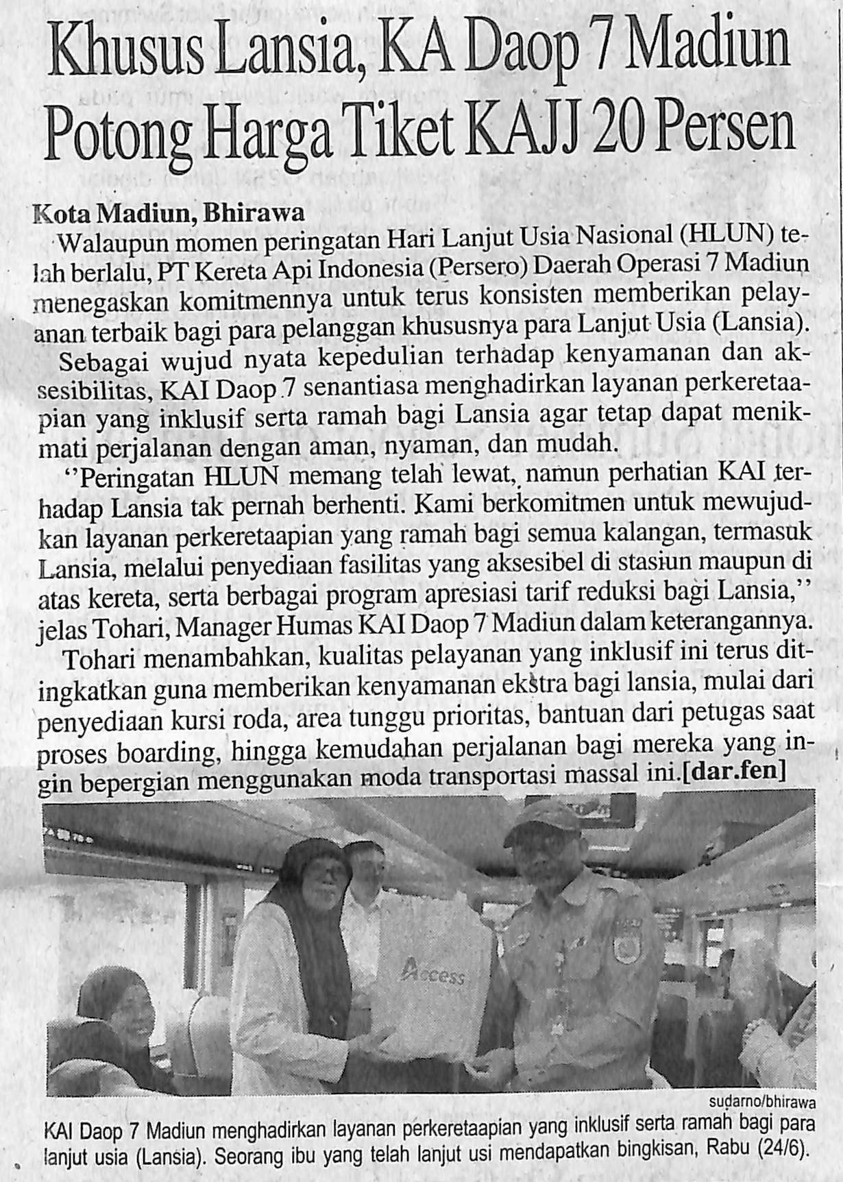 Khusus Lansia, KA Daop 7 Madiun Potong Harga Tiket KAJJ 20 Persen