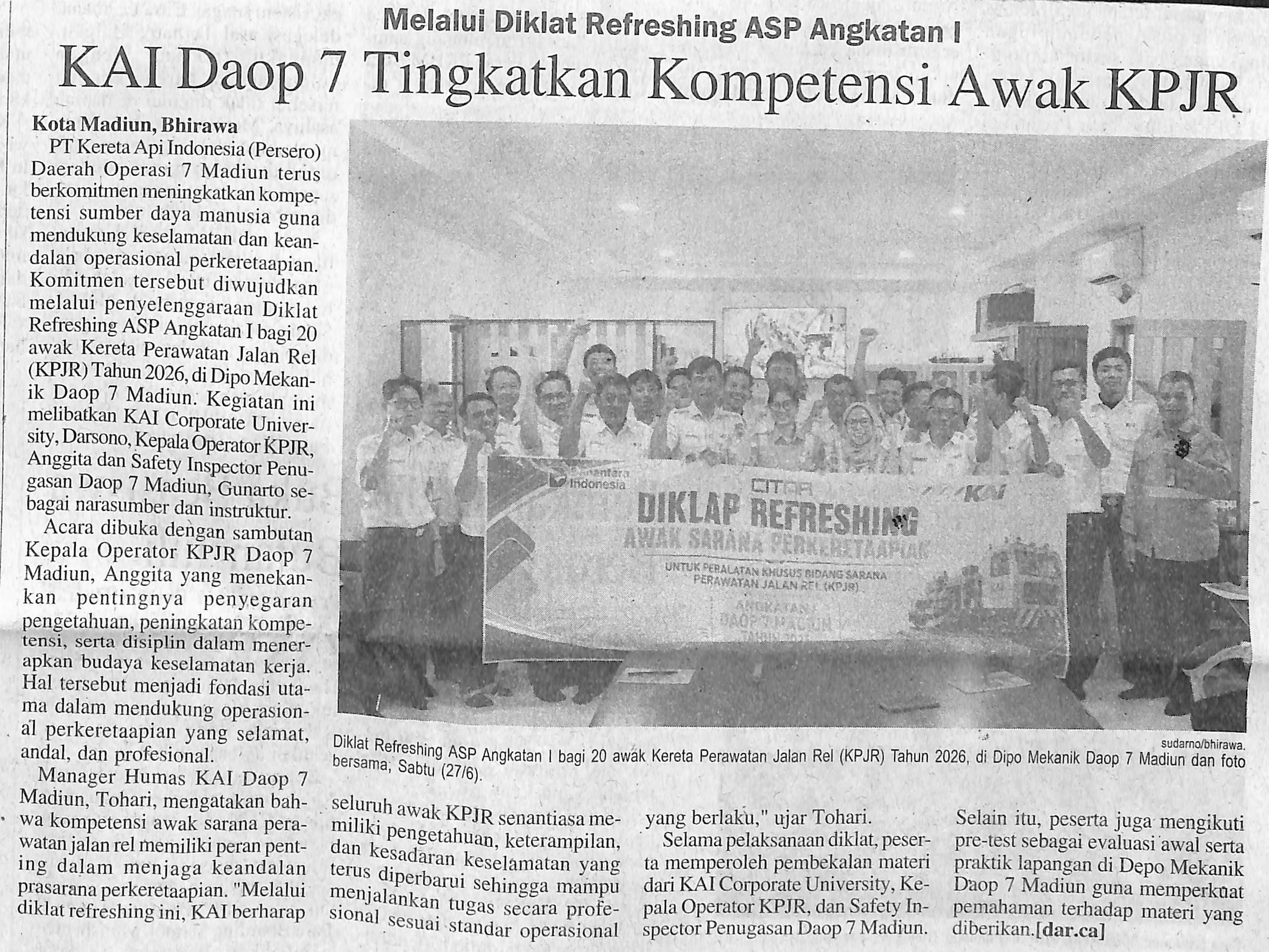 Melalui Diklat Refreshing ASP Angkatan 1, KAI Daop 7 Tingkatan Kompetensi Awak KPJR