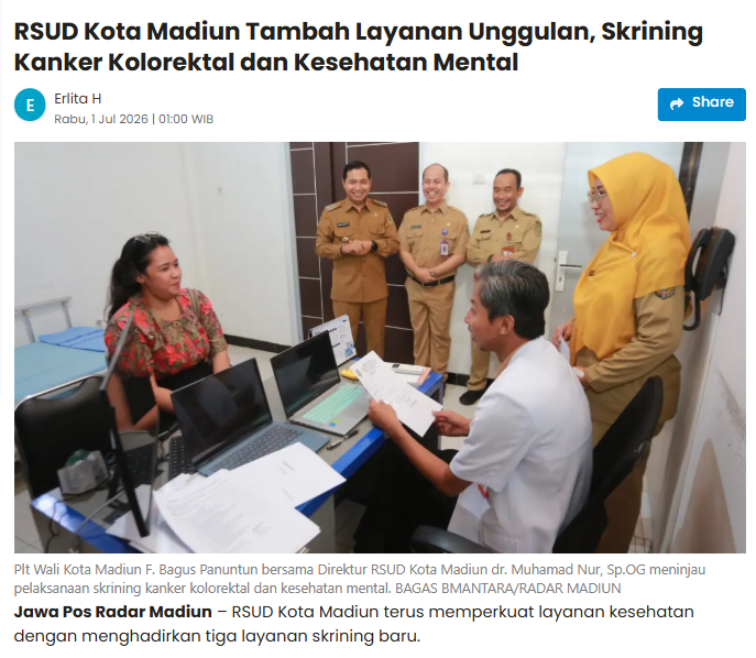 RSUD Kota Madiun Tambah Layanan Unggulan, Skrining Kanker Kolorektal dan Kesehatan Mental