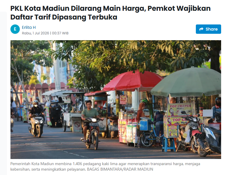 PKL Kota Madiun Dilarang Main Harga, Pemkot Wajibkan Daftar Tarif Dipasang Terbuka