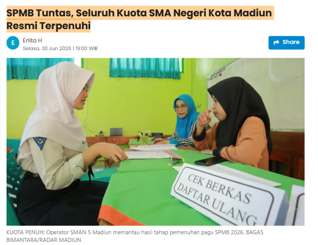 SPMB Tuntas, Seluruh Kuota SMA Negeri Kota Madiun Resmi Terpenuhi