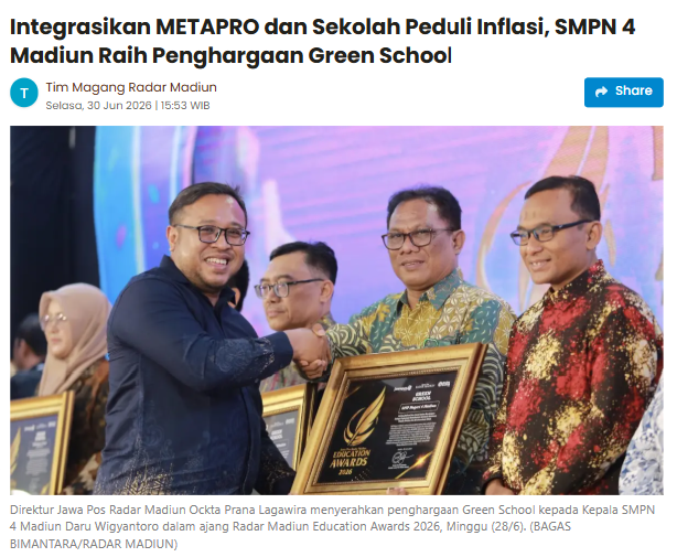 Kota Madiun Integrasikan METAPRO dan Sekolah Peduli Inflasi, SMPN 4 Madiun Raih Penghargaan Green School
