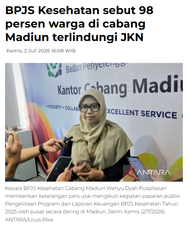 BPJS Kesehatan sebut 98 persen warga di cabang Madiun terlindungi JKN