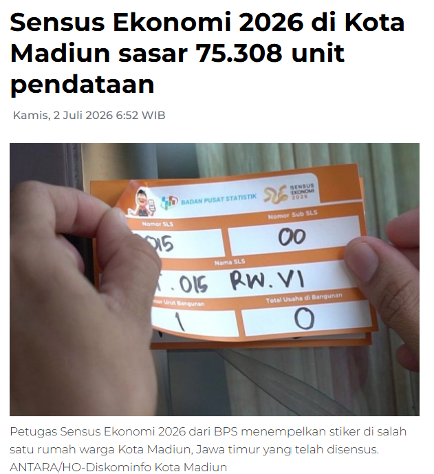 Sensus Ekonomi 2026 di Kota Madiun sasar 75.308 unit pendataan