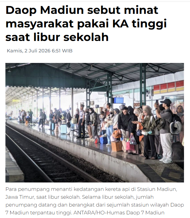 Daop Madiun sebut minat masyarakat pakai KA tinggi saat libur sekolah