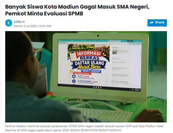 Banyak Siswa Kota Madiun Gagal Masuk SMA Negeri, Pemkot Minta Evaluasi SPMB