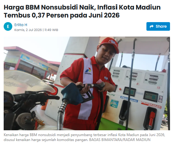 Harga BBM Nonsubsidi Naik, Inflasi Kota Madiun Tembus 0,37 Persen pada Juni 2026
