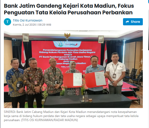 Bank Jatim Gandeng Kejari Kota Madiun, Fokus Penguatan Tata Kelola Perusahaan Perbankan